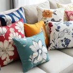 Modern beige sofa adorned with colorful floral and patterned throw pillows in vibrant hues of blue, red, yellow, and teal.