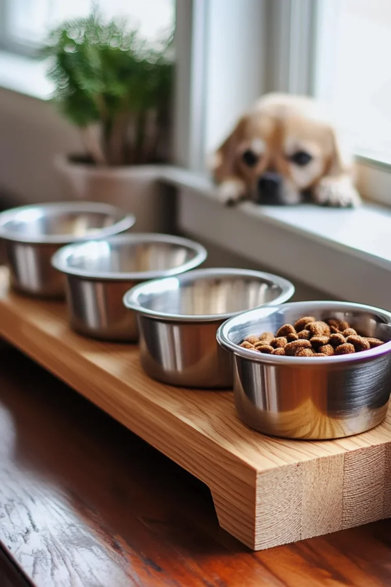 A wooden pet feeding station with four stainless steel bowls, one filled with kibble, while a small dog eagerly watches from the window.